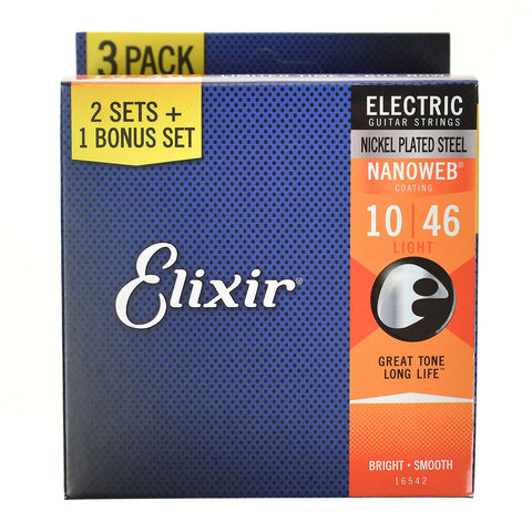 Elixir 16542 Nanoweb Electric Guitar Strings - Light (10-46) 3-Pack - CBN Music Warehouse