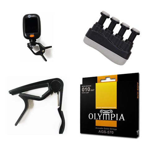 Acoustic Guitar Accessories Bundle- Capo, Strings, Clip-on Chromatic Tuner, & Finger Exerciser - CBN Music Warehouse