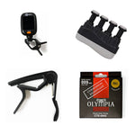 Electric Guitar Accessories Bundle - Capo, Strings, Clip-on Chromatic Tuner, & Finger Exerciser - CBN Music Warehouse